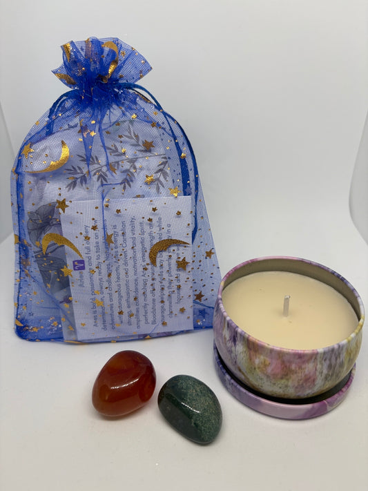 Blue gift bag one carnelian crystal and one bloodstone crystal with a soy candle in tin