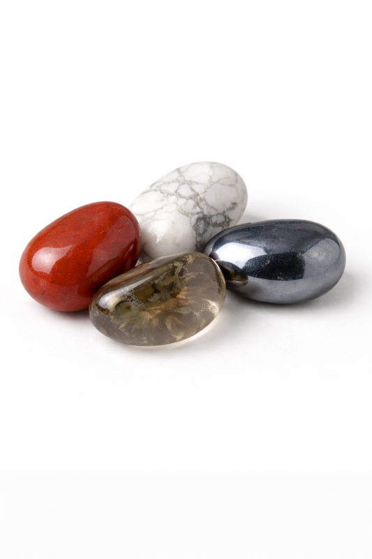 Body Support & Stress Ease Crystal Set – Red Jasper, Howlite, Hematite & Smoky Quartz