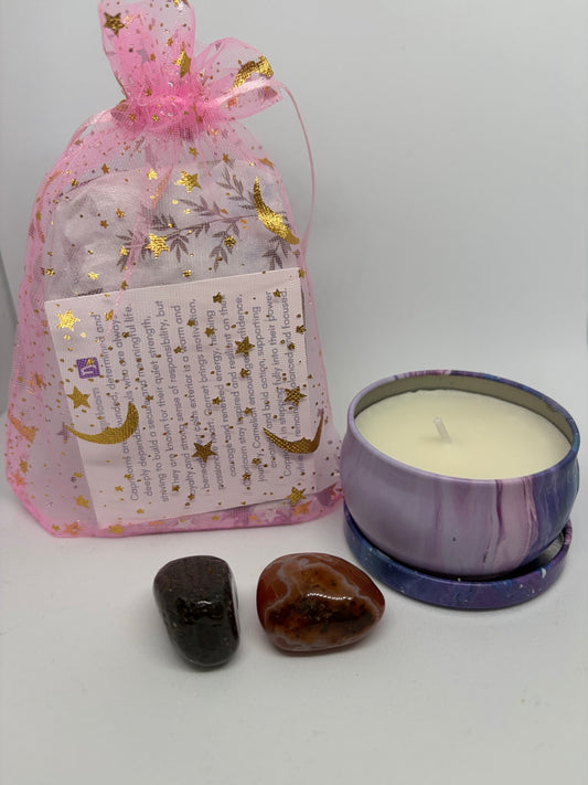 Pink Gift bag with Garnet and Carnelian crystals and soy wax candle in a tin