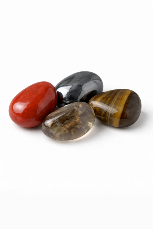 Grounding Crystal Kit – Red Jasper, Hematite, Tiger’s Eye & Smoky Quartz