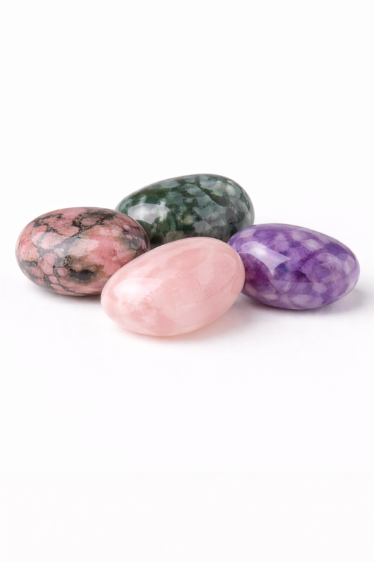 Four colorful stones on a white background