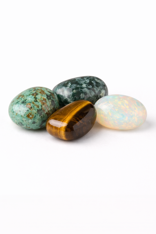 Four different types of gemstones on a white background