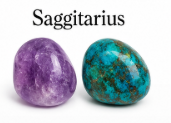 Two gemstones, one purple and one turquoise, with 'Sagittarius' text above them.