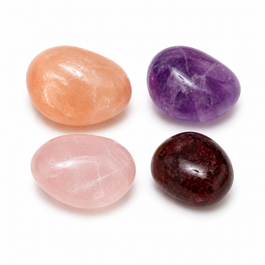 Four colorful stones on a white background