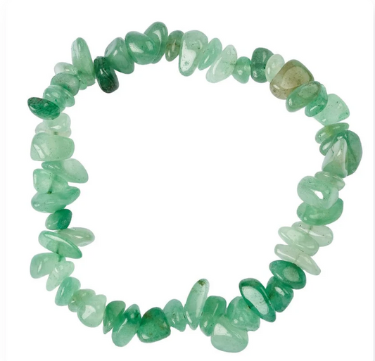 A beaded stretch bracelet made of polished, irregular green gemstone chips, displayed on a clean white background.