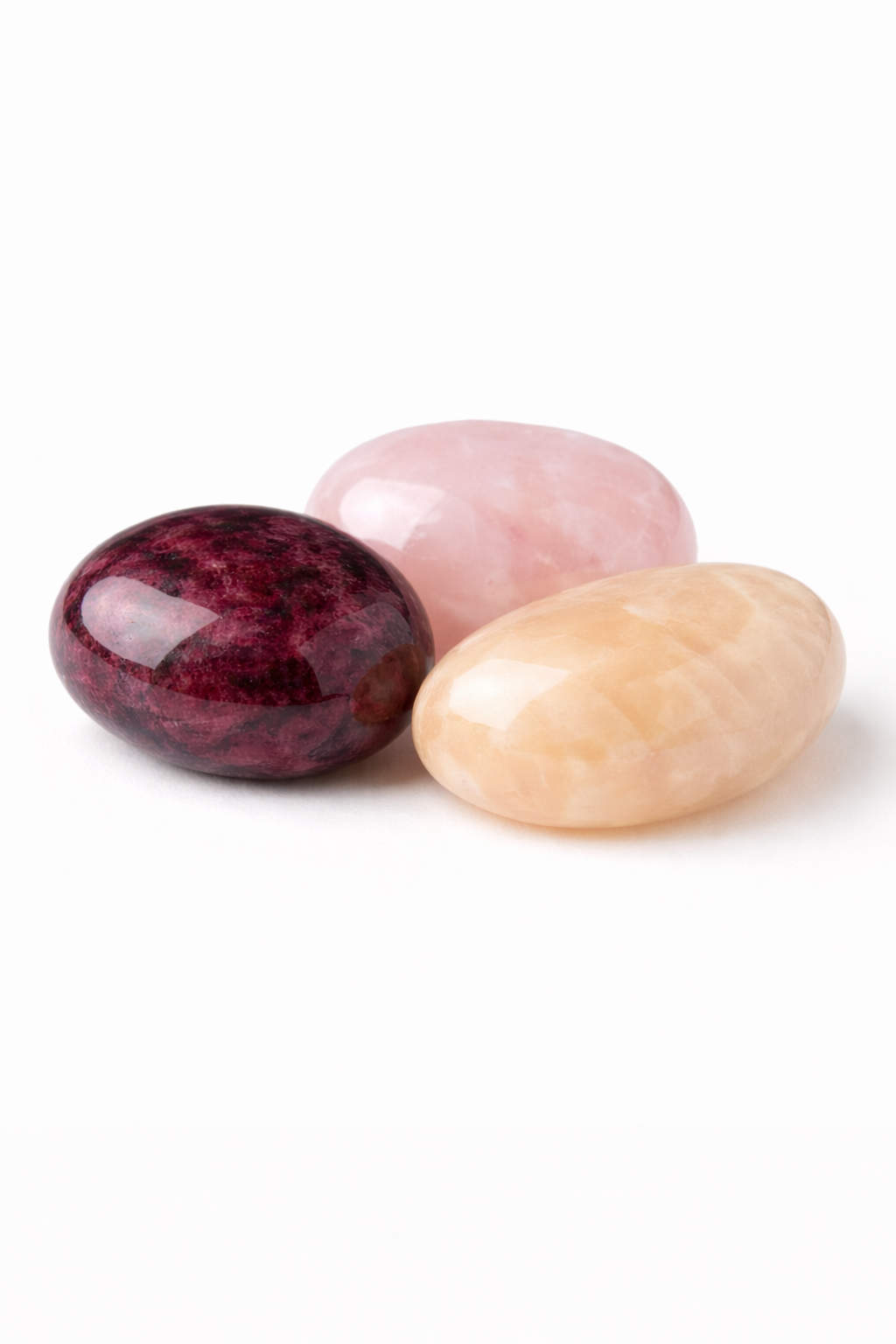 red ruby peach moonstone and rose quartz tumblestones